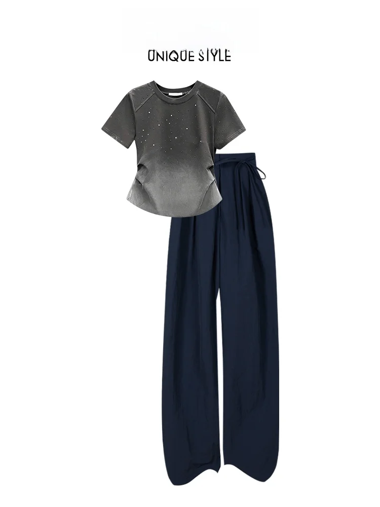 

Salt Series Street Sle adient ort Sve Top And Slimming Jeans Faionable Summer Outfit Two-Piece Set round Ne