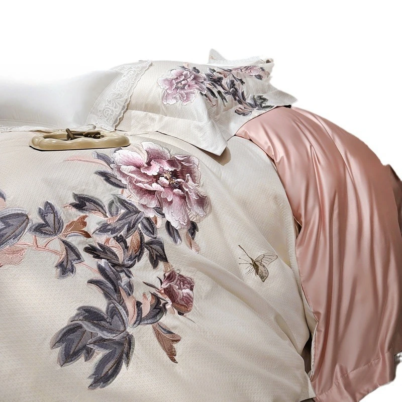 National style Egyptian cotton haute couture four-piece color weaving gold silk thread thick weaving bedding peony embroidery