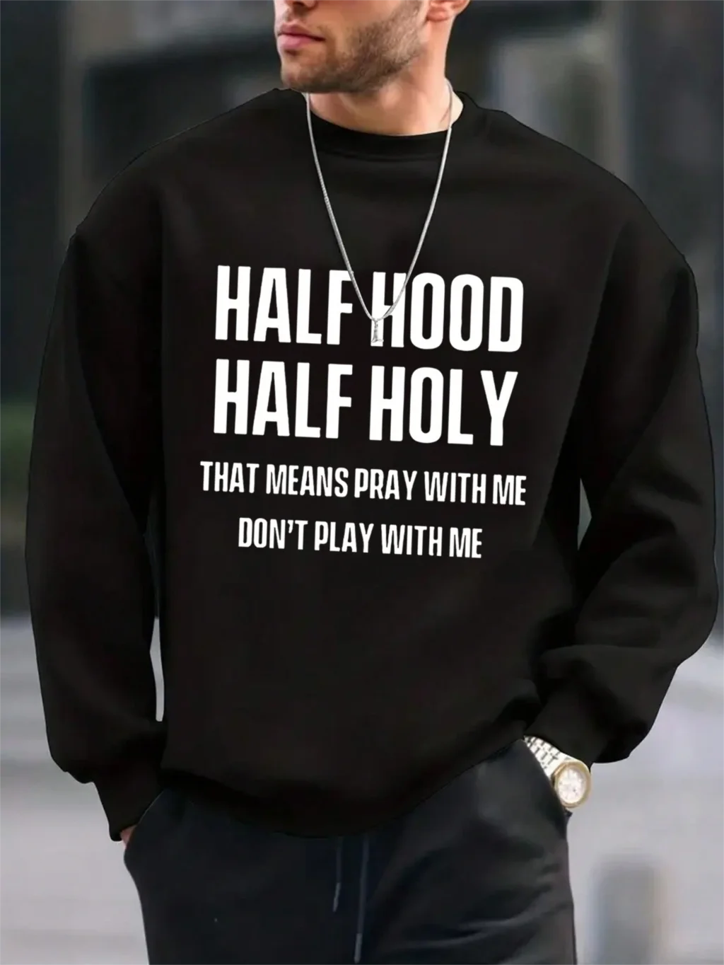 

Letter Half Hood Half Holy Prints Sweatshirts Autumn Casual Man Clothes Street Style Fleece Hoodies Loose Crewneck Pullovers