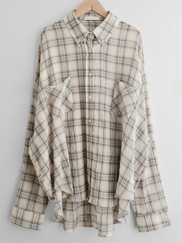 

Women's Plaid Loose Fit irt Double ket Patchwork Turn-down Collar Slimming ort Front Long Ba Sun Protection Top
