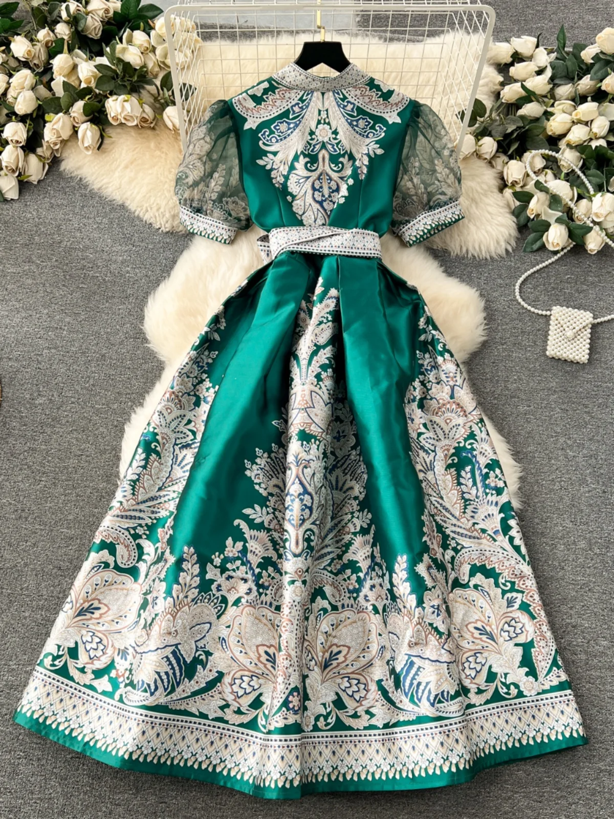 Retro Court Sle Long Bubble Sve Dr Women's Design Sense Print Waist-Cinching Midi Dr Ele A-Line Korean Version