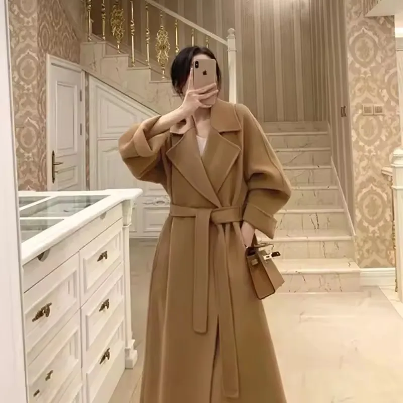 

Модное черное длинное шерстяное пальто с поясом, женское свободное пальто с лацканами, осень-зима, теплая женская верхняя одежда High Street