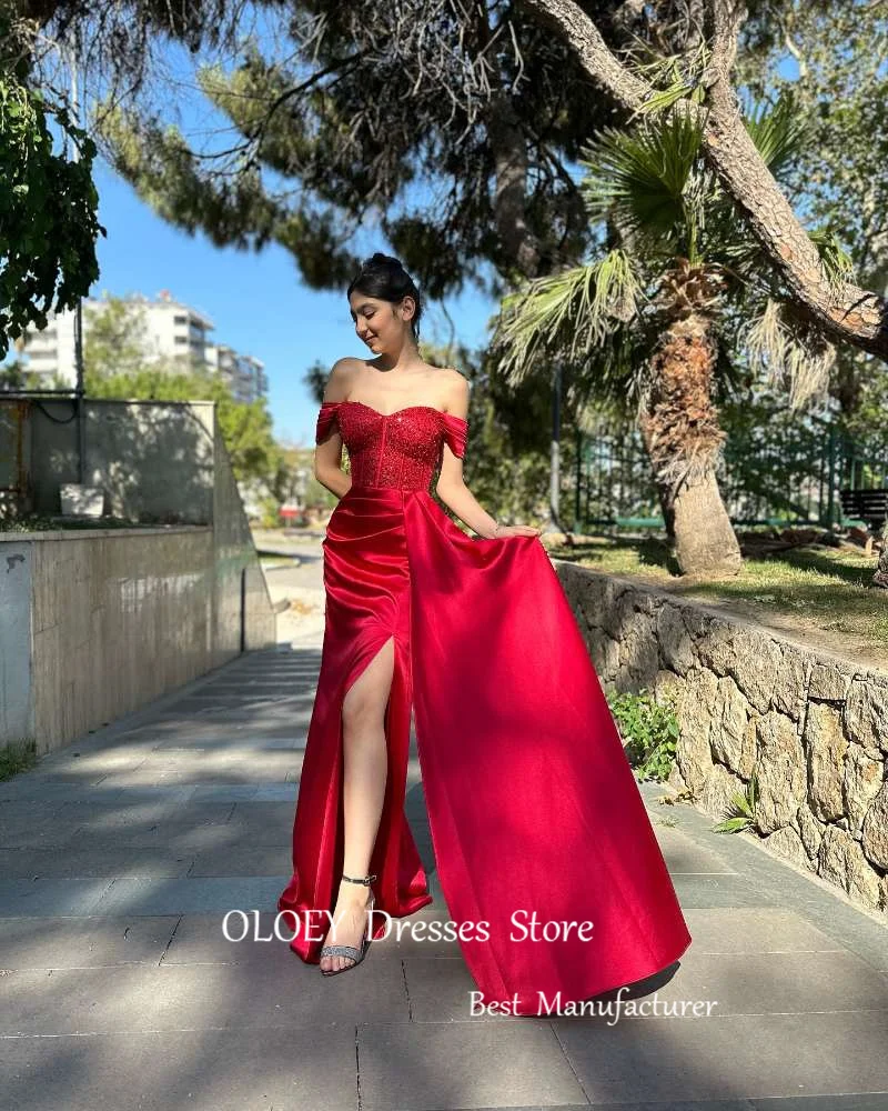 OLOEY Sexy Off Shoulder Red Mermaid Evening Dresses Sleeves Split Shiny Sequin Satin Pleats Prom Gowns Celebrity Party Dress