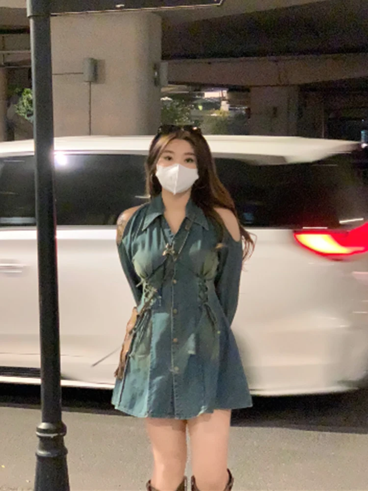 

Сексуальная облегающая джинсовая юбка А-силуэта с высокой талией и длинным рукавом в винтажном корейском стиле для полных женщин, повседневная одежда