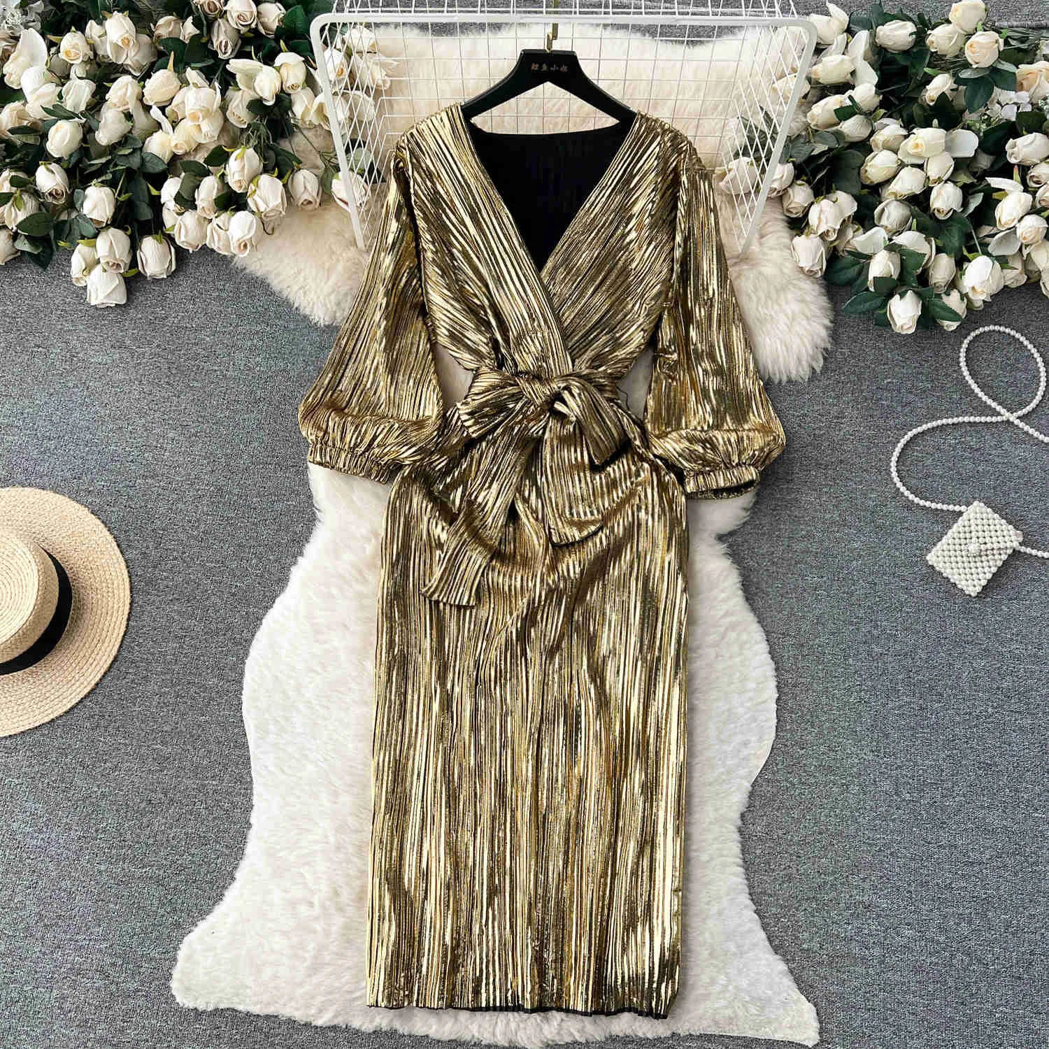 Sexy Metallic Elegant Party Dress Women Retro Style V Neck Puff Sleeve Sash Lace-up Pleated Midi Calf Party Dress Autumn Robe