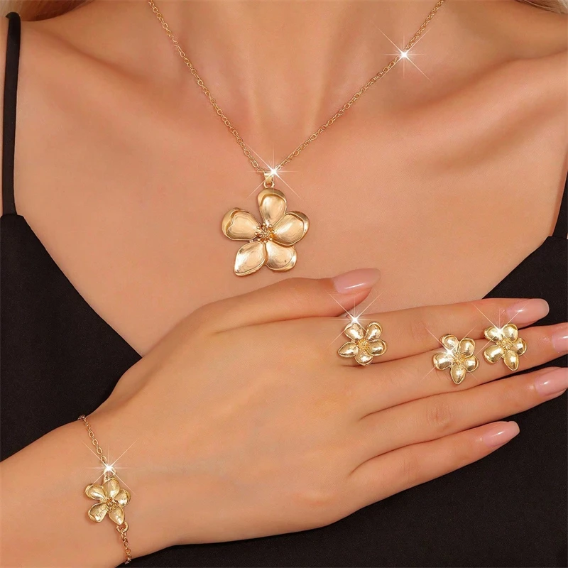 

Vintage Golden Flower Pendant Necklace Bracelet Bangle Ring Earrings Romantic Wedding Jewelry Set for Women Party Holiday Gifts