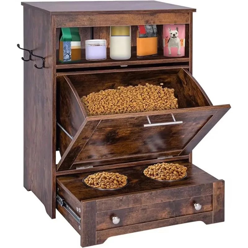 Modern Pet Feeder Station: Elevated Dog Food Storage Cabinet with Raised Bowls and Pull-Out Design