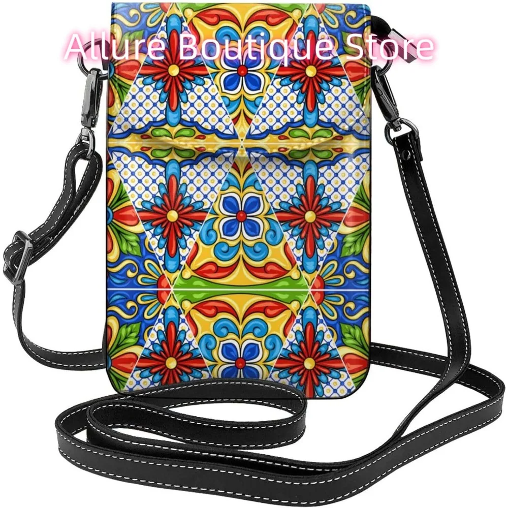 

Colorful Mexican Tile Prints Crossbody Bag for Women PU Leather Small Travel Cell Phone Pouch Lightweight Mini Phone Purse Walle
