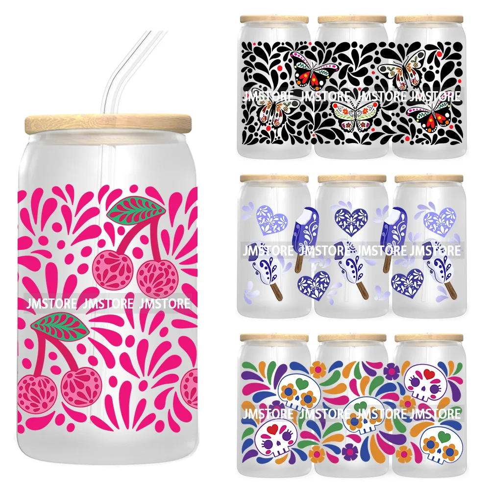 

Talavera Day Of The Dead Butterfly UV DTF Stickers For 16OZ Libbey Glass Cup Can Wrap Transfer Prints Custom Logo Labels Skulls