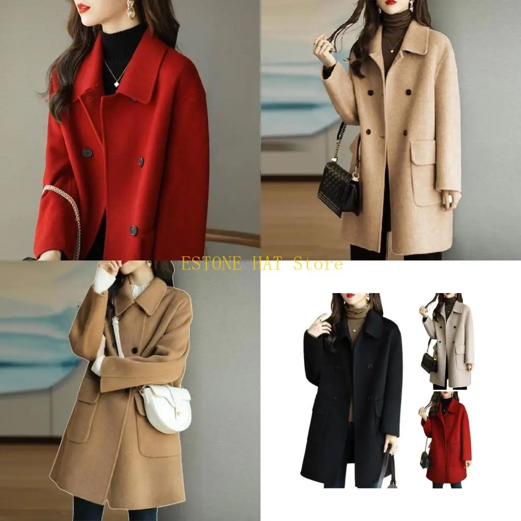 

49MF Womens Solid Casual Lapel Woolen Long Coat Cardigan Button Down Coat