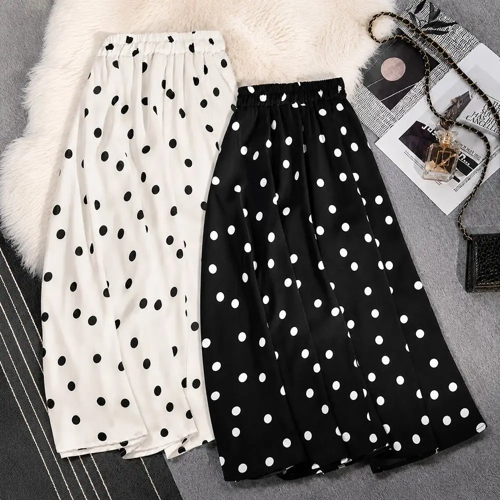 Fashion Polka Dot Polka Dot Maxi Skirt High Waist Lightweight Women Long Skirt A Line Elastic Waist Pleated Skirt Beach Vacation