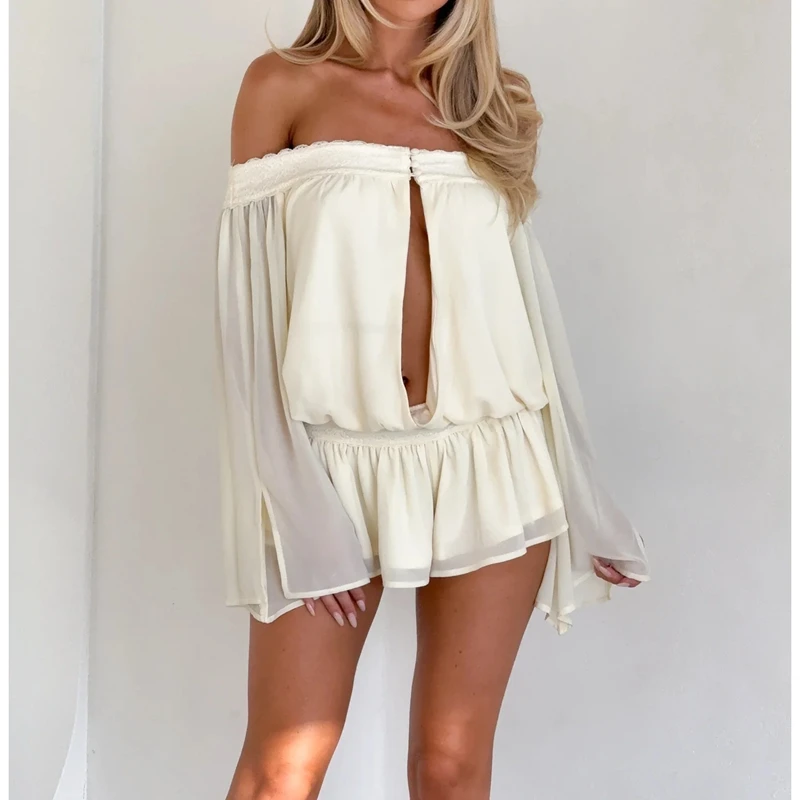 Women Summer Off Shoulder Chiffon Romper Long Sleeve Keyhole Front Lace Trim Flowy Y2k Short Jumpsuit Vacation Outfit