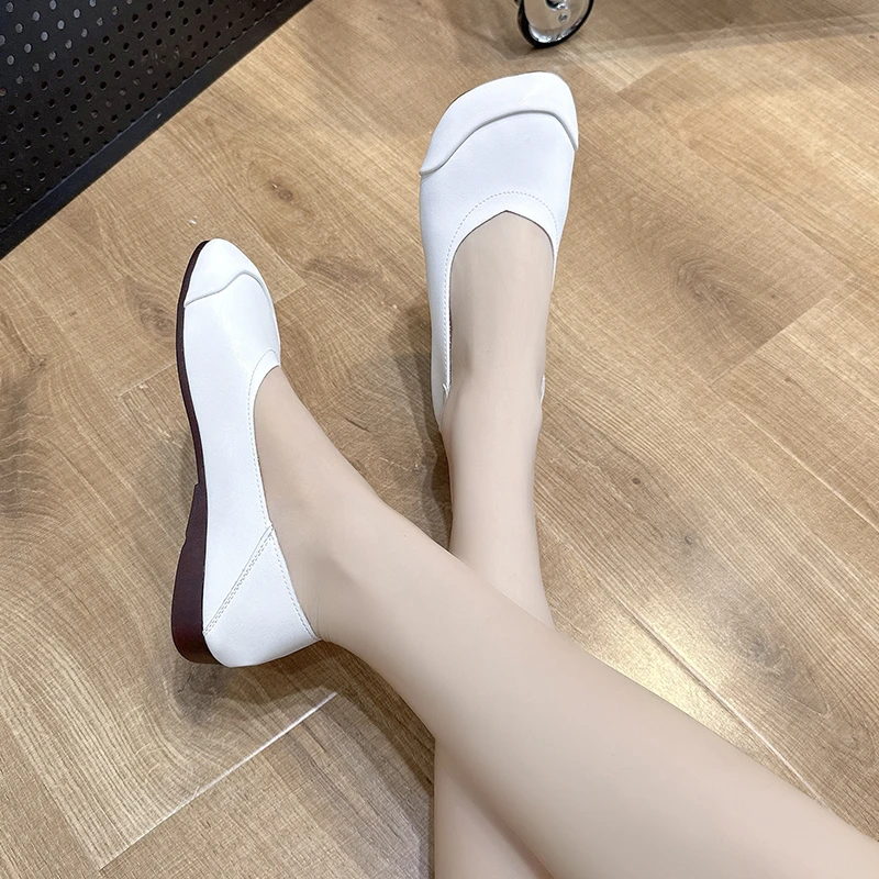 Women Ladies soft leather ballet flats foldable roll-up shoes brief square toe grandma shoes woman street ways retro moccasins