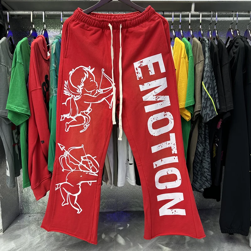 

Мужские и женские повседневные брюки в стиле американской High Street MIXED EMOTION, старые спортивные штаны для стрельбы из лука с ангельским принтом в стиле ретро, брюки на шнурке в стиле хип-хоп