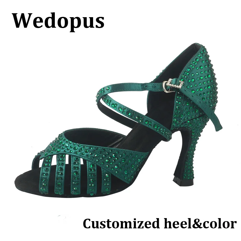 

Wedopus/обувь для классических танцев, темно-зеленые танцевальные сандалии на высоком каблуке с блестящими стразами, мягкая замшевая подошва, дропшиппинг