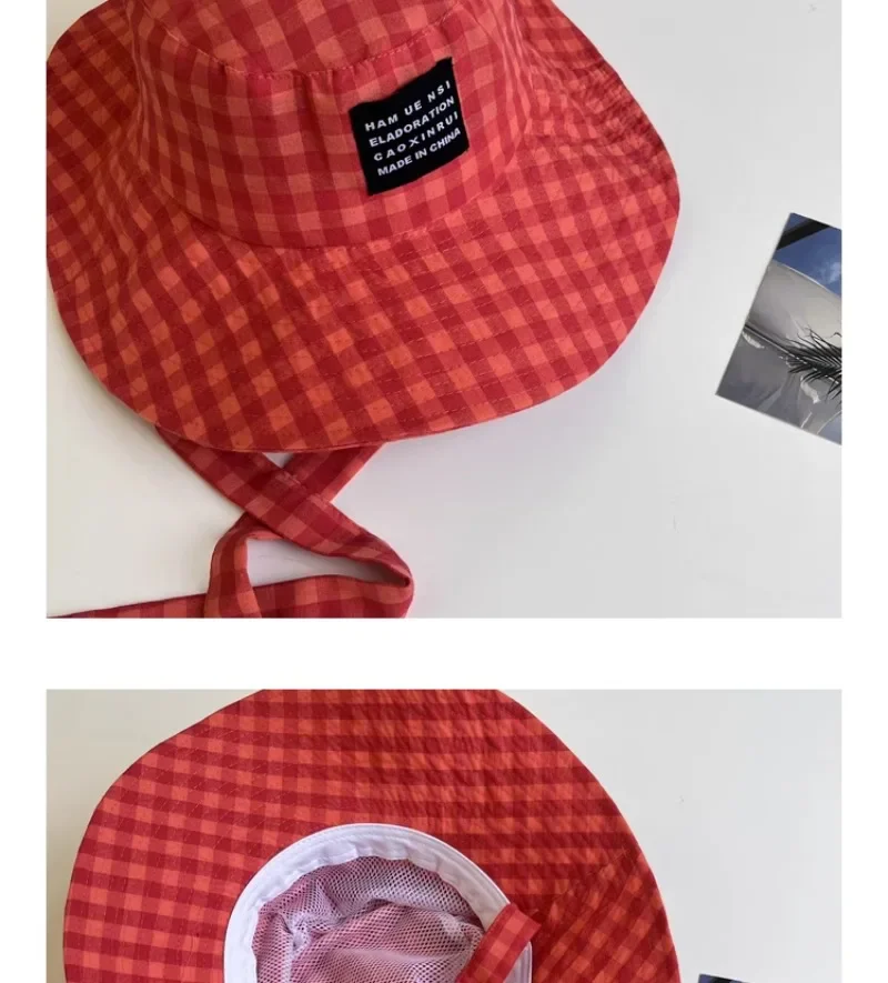 Ins Blogger Retro Plaid Tie Strap Eimer Hut Frauen Sommer Reise Vielseitig Fischer Hut Mädchen Mode Beliebte Breite Krempe Sonne Kappe – Detail 14