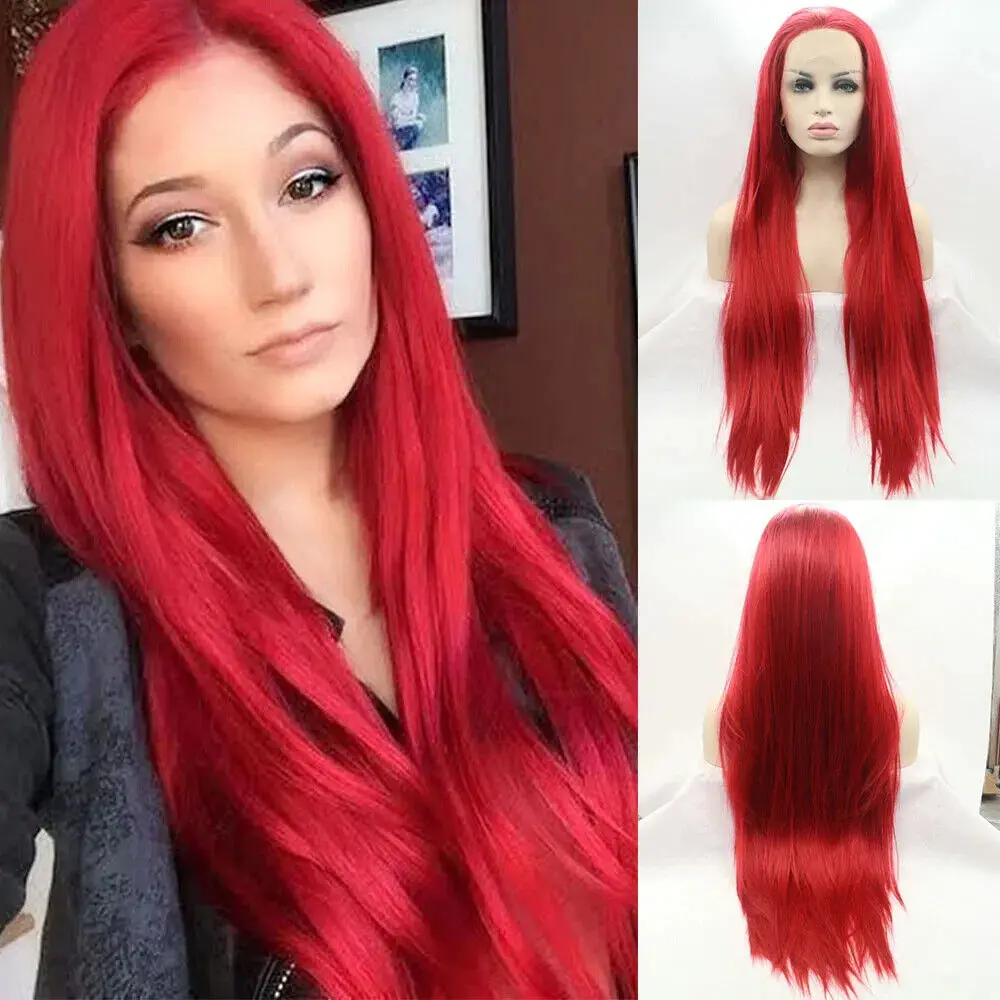 

Lace Front Wig Handtied Long Straight Red Heat Resistant Hair Natural Synthetic