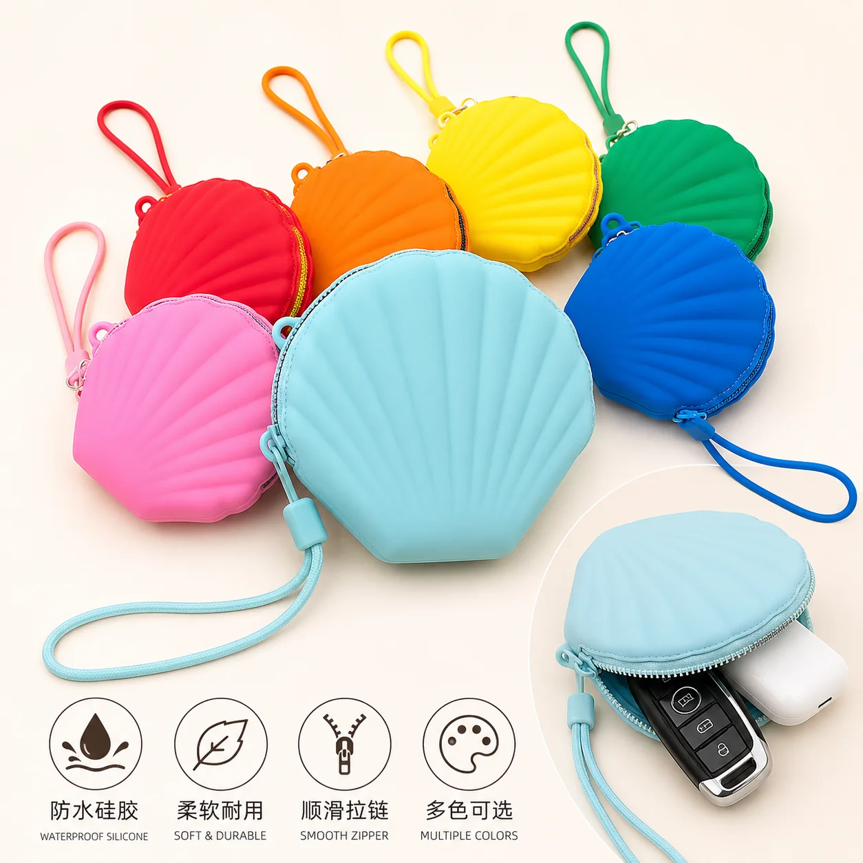 Porte-monnaie mignon en forme de coquillage avec dragonne, mini pochette portable à fermeture éclair pour écouteurs, clés, rouge à lèvres et petits objets
