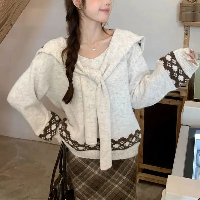 

Two Piece Set Drawstring Shawl Pullovers Knitted Autumn Winter New Korean V-Neck Female Clothing Vintage Jacquard Weave Sweaters