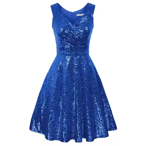 GK Women's Sleeveless Evening Dress Sparkling Sequins Tank Dress Ladies Cocktail Party Surplice V-Neck Flared A-Line Dress