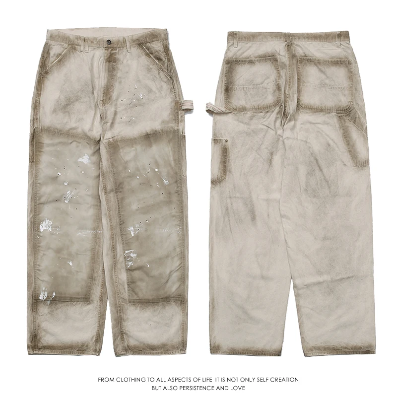 

Japanese Sle Workwear Pants Distred Logging Knee Patch Men's Casual Pants Loose Fit Long Trousers Youthful Energy Sle