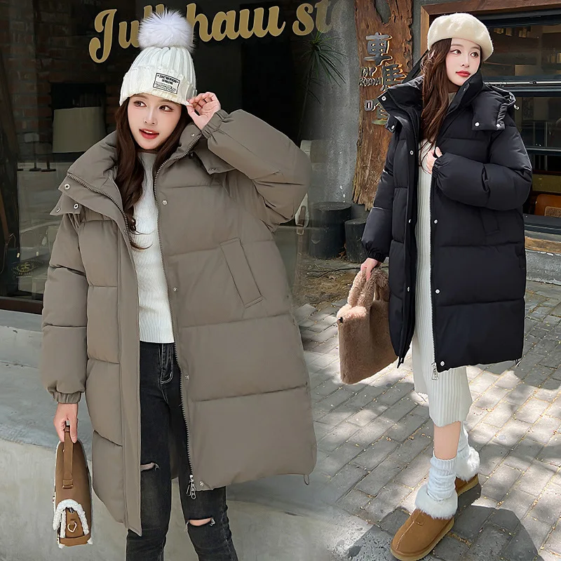 Thick Parkas Women Zipper Loose Casual Midi Length Coat Solid Jacket Pocket Elegant Warm Jackets Office Lady Autumn Winter