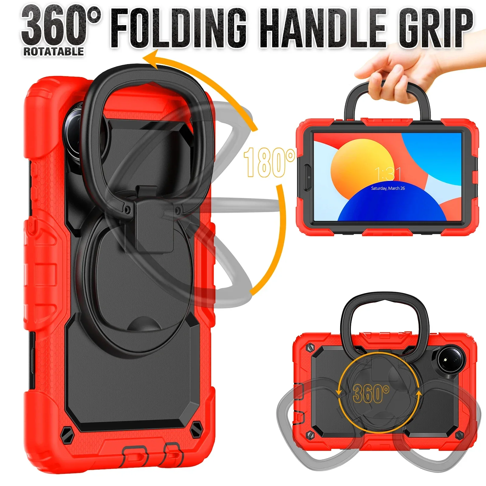 360°Folding Handle Grip Case For Redmi Pad SE 8.7 4G 2024 Portable Shockproof Stand Cover  3 Layers Multi-Functional Protecive