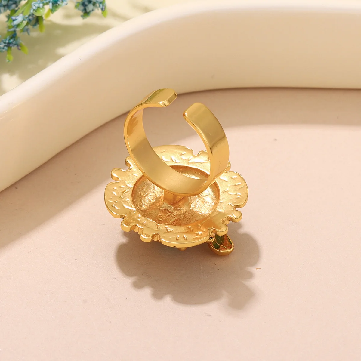 Elegant Green Enamel Bee Ring - Gold Plated Open Cuff Ring with Turquoise & Pearl Beads - Fashion Jewelry Gift - Image 4