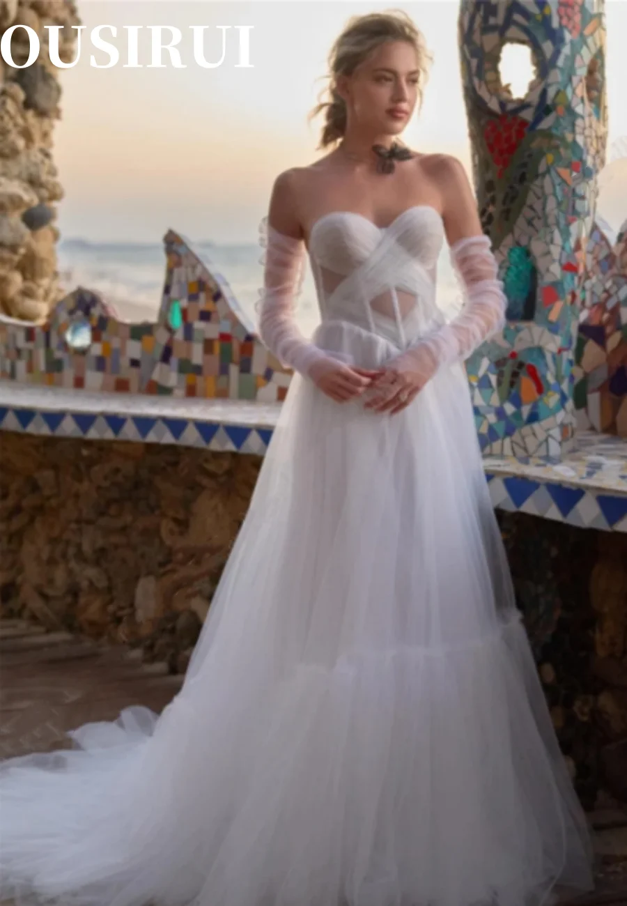 OUSIRUI-Sweethear Ilusão Vestidos De Noite Para Mulheres, Royal Tulle, Vestidos De Casamento Para Praia, Até O Chão, Vestidos De Noiva De Luxo