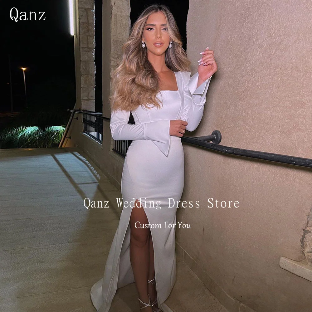 

Qanz Simple Vintage Satin Mermaid Wedding Dresses Long Sleeves High Side Split Beach Bride Dress Vestido De Novia Customized