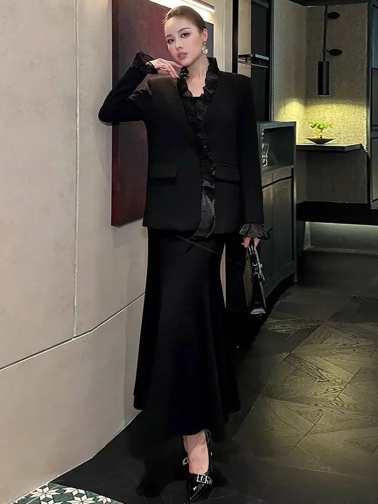 BEWQ Mode dames 2-delige set ruches lange mouw patchwork taille blazer slip slanke rokkostuum avondfeest 2025 herfst nieuw