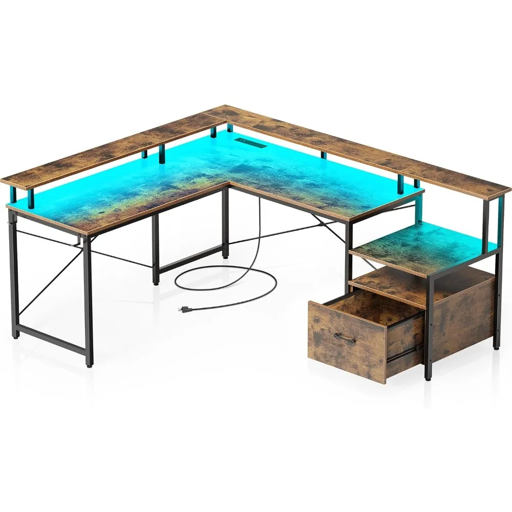 

Computer Desk with File Drawer, 64" L Shaped Desk with Power Outlet & LED Strip, L Shaped Corner Desk with File Cabinet, Home O