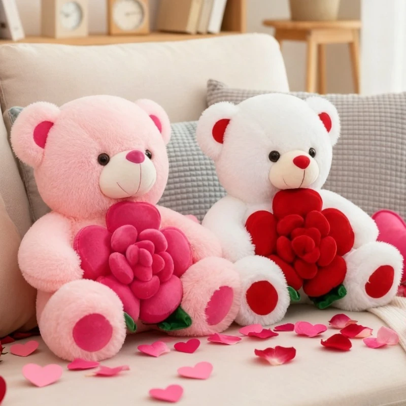 دمية دب تيدي قطيفة بطول 30 سم تحمل وردة بيضاء، هدية عيد الحب وأعياد الميلاد، دمية ناعمة للزينة