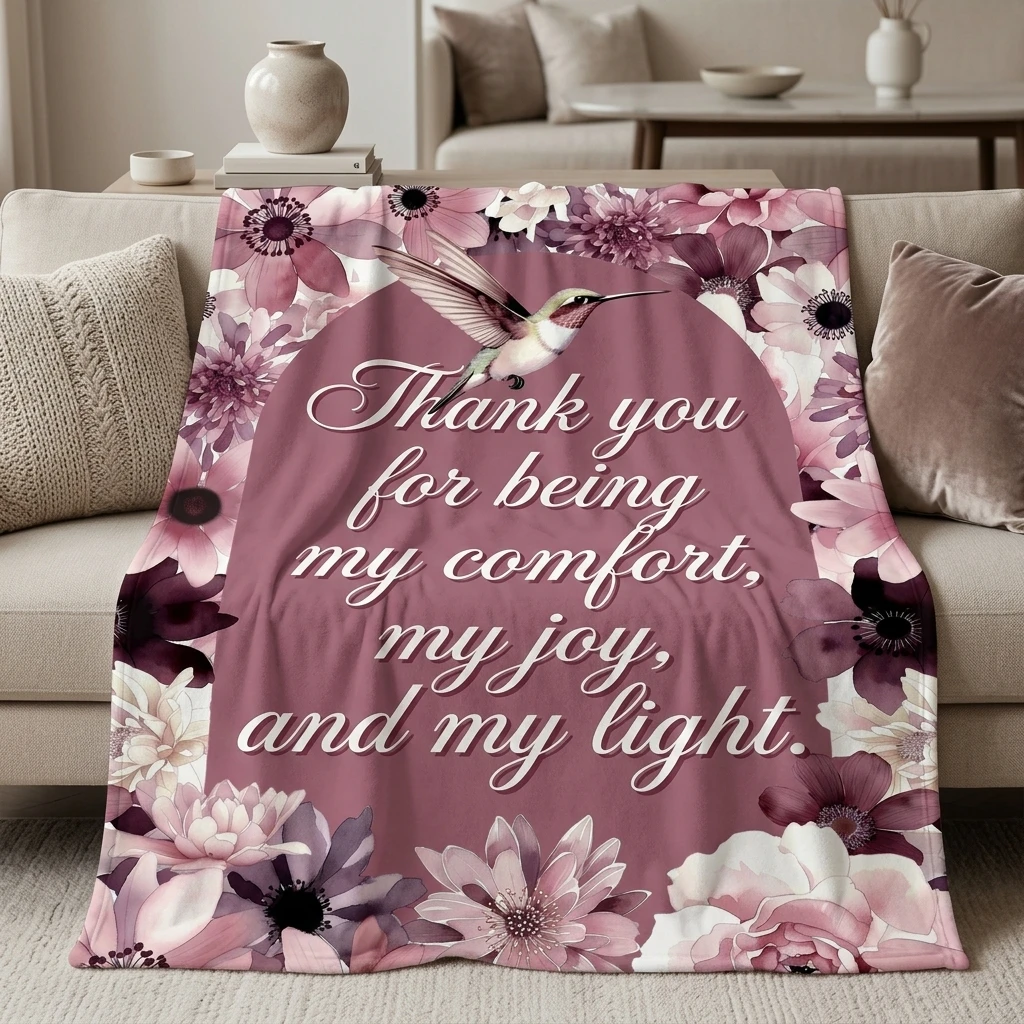 Blush Pink Floral & Hummingbird Flannel Throw Blanket, 