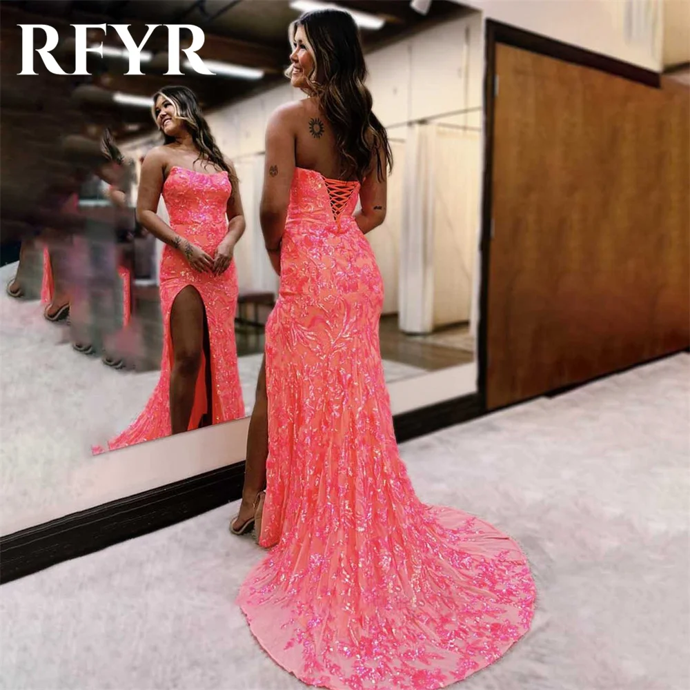 RFYR Lace Pink Prom Dress Sweetheart Trumpet Ruffles Evening Dress Tulle فستان سهرة with Sheer Corset High Side Slit Party Dress