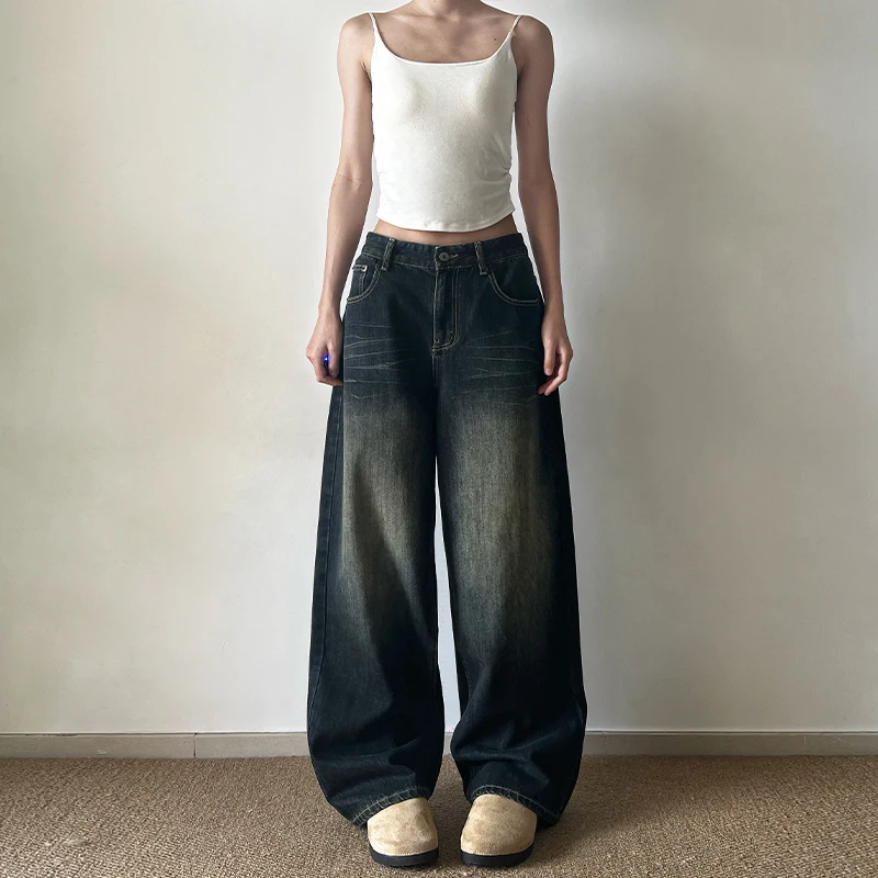 

Men's And Women's Blue Black Jeans American Style Jeans Trendy Trousers Straight Leg Loose Wide Leg Denim Long Pants