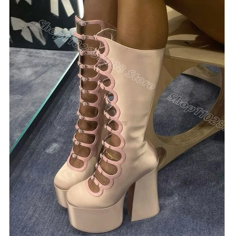 

Pink Silk Platform Chunky Heels Boots Round Toe Side Zipper Fashion British Style Spring Women Boots 2024 Zapatos Para Mujere