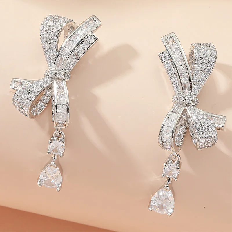 

925 Silver Water Drop Bowknot Earrings for Women 2023 Luxury White Gold Color Elegant Pendant Earring Dangling Fine Jewelry