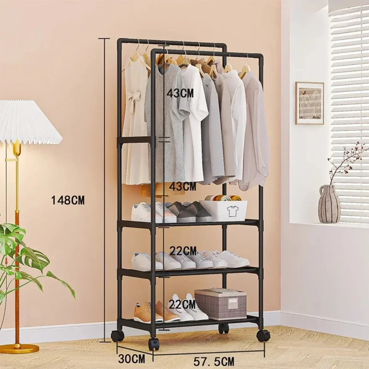 Double Rod Clothes Rack Movable Coat Rack Bedroom Telescopic Floor Hangers Hanger Multifunctional Shoe and Hat Storage Racks