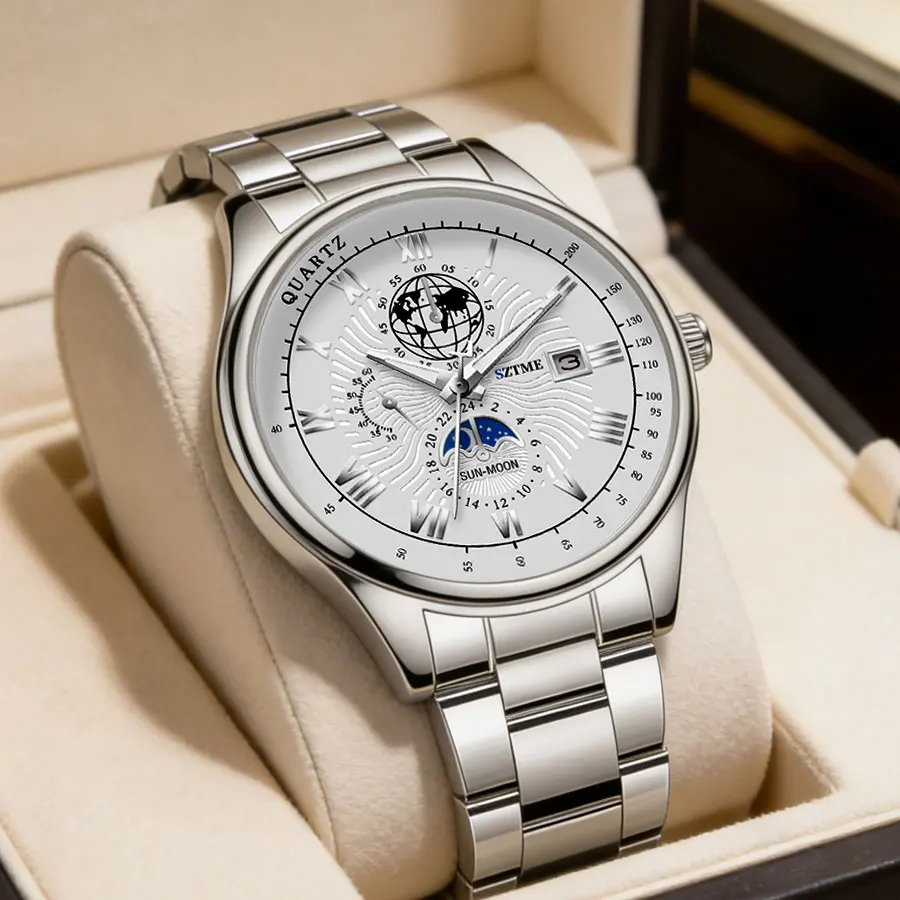 Relojes de lujo para hombre con correa de acero, calendario, números romanos, luminosos, modernos, de cuarzo.