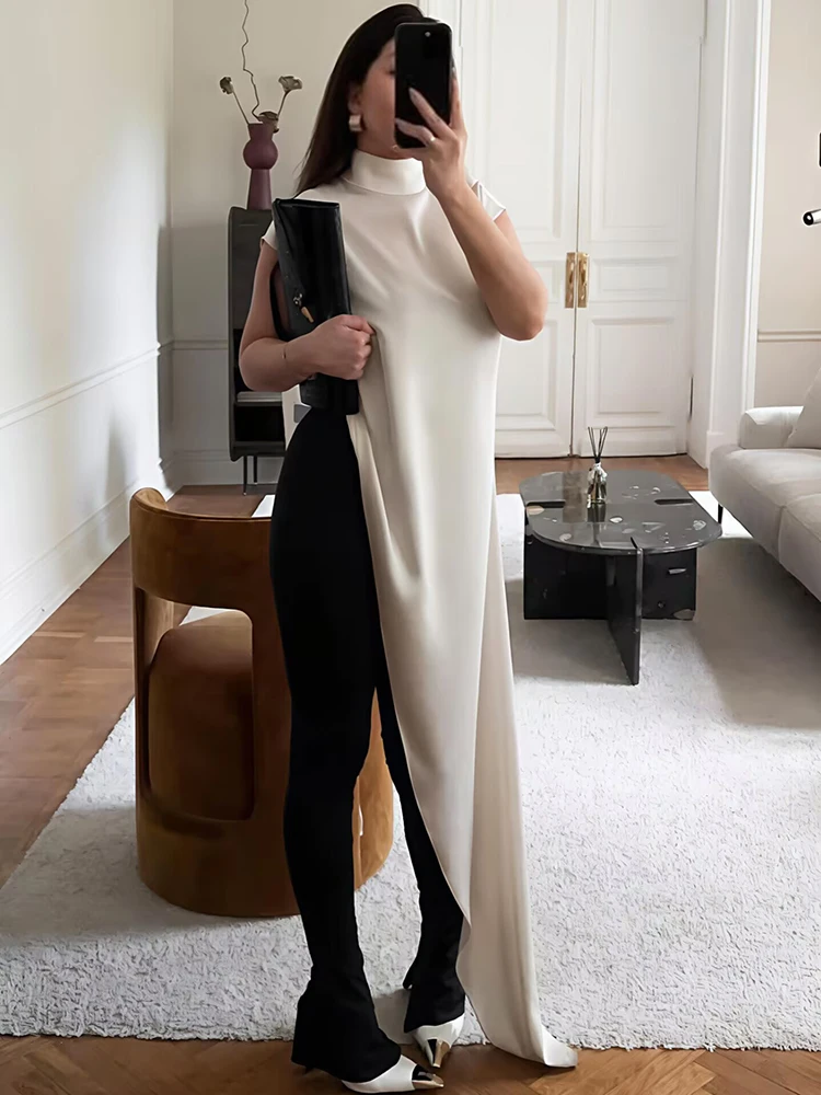 XIAOTANG Abito lungo sexy senza maniche irregolare per le donne Moda elegante dolcevita in raso solido Abiti lunghi slim Donna 2025