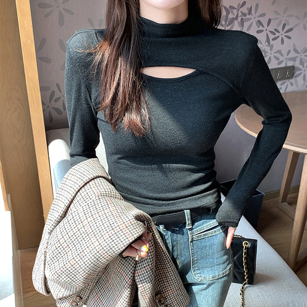 Womens long sleeve half high collar top with hollow stitching hole design bottoming shirt for spring summer autumn winter use