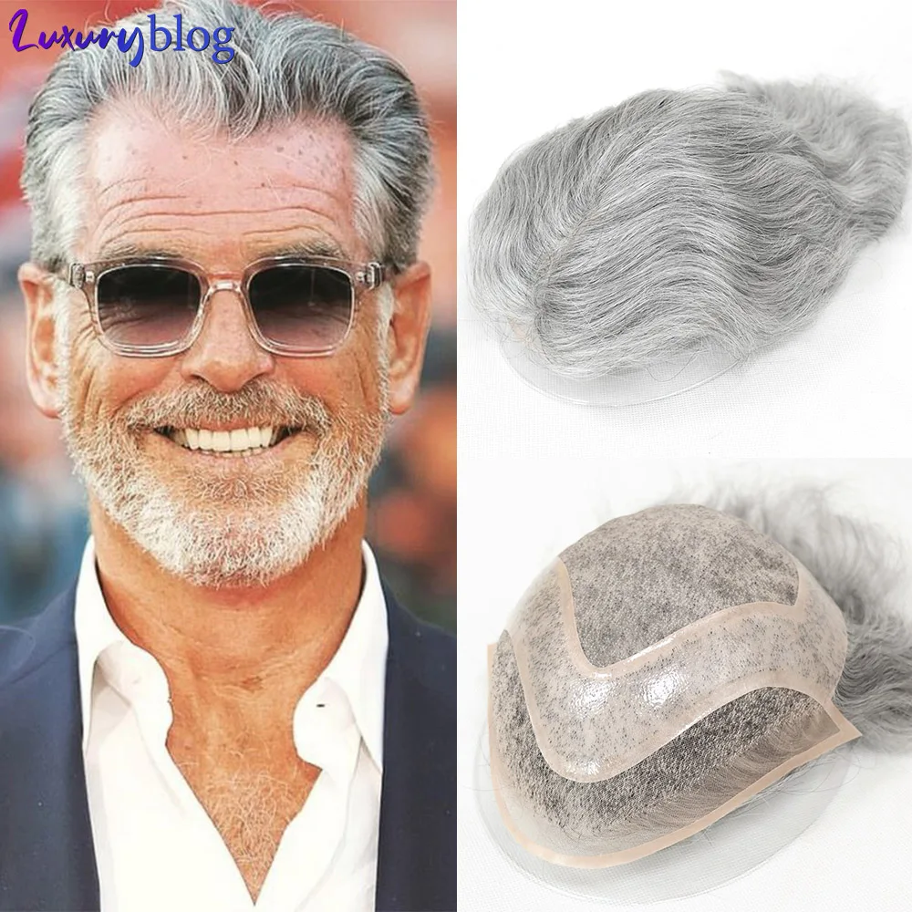 

French Lace with PU Toupee for Men's Hair Capillary Prosthesis Fine Mono Top Human Hair Man Wig Unit System Grey Hairpiece 8x10"