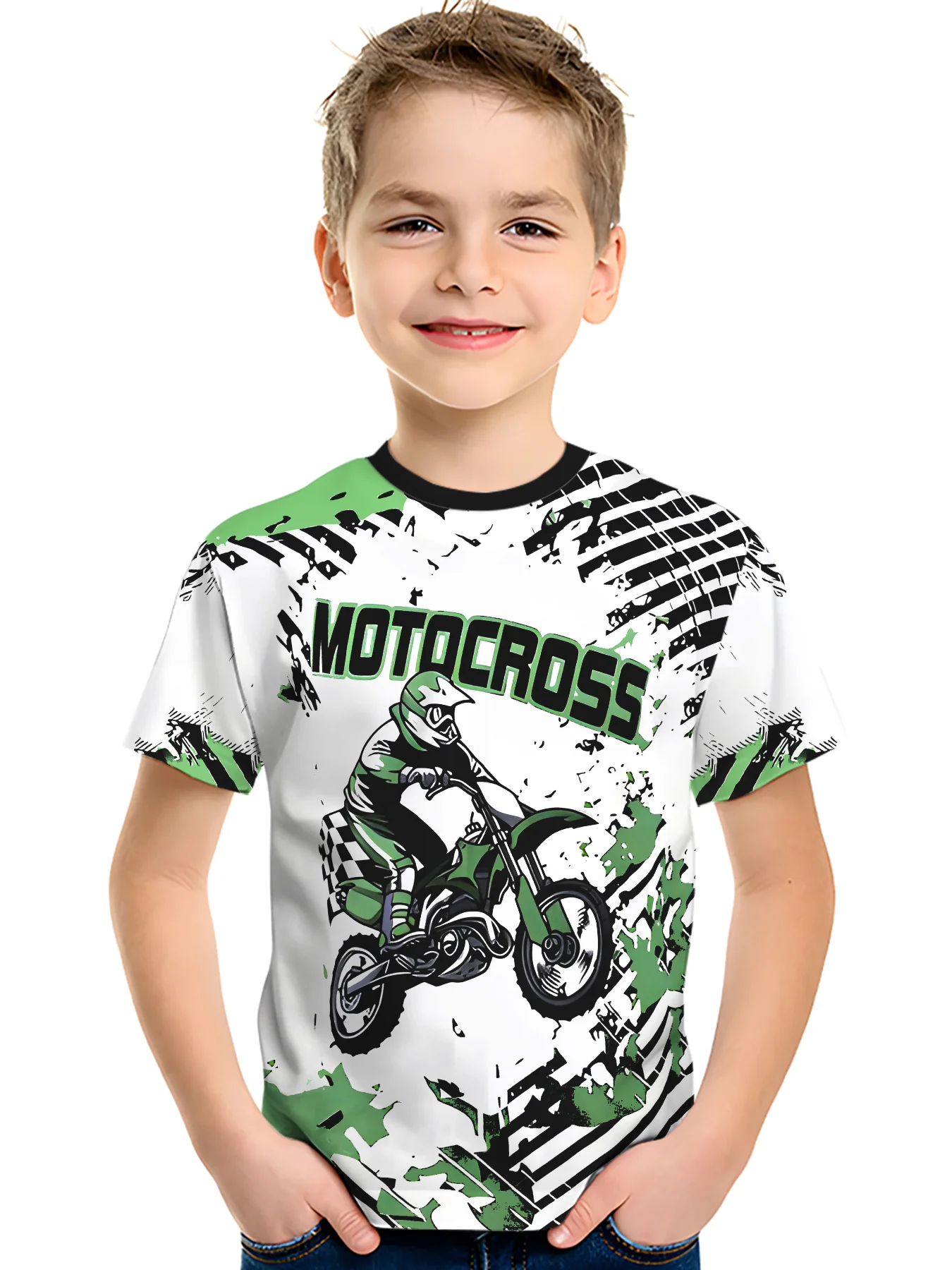 Men & Teen Boys Crew‑Neck T‑Shirt, Motocross Racing Print, Breathable Soft Slight‑Stretch Casual Top for Daily Outdoor Wear