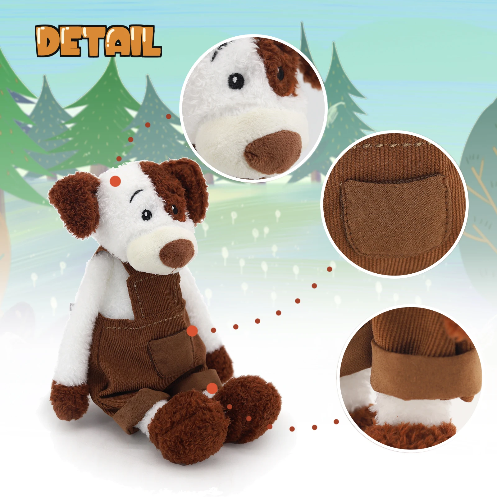 30 cm entzückende Welpen-Plüschpuppe in braunem Cord-Overall, weiches Stofftier für Kinder, Geburtstagsgeschenk, Heimdekoration