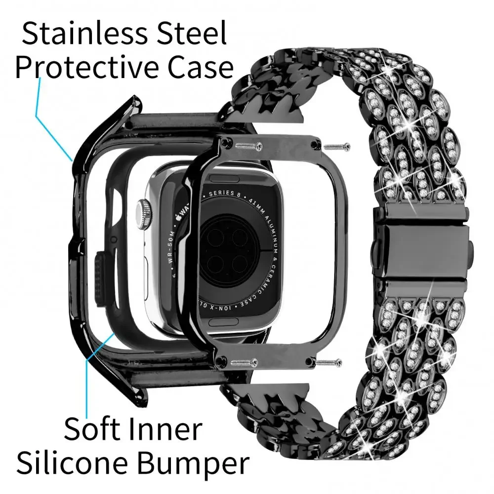 Metal+Diamond Case for Apple Watch Case 9 8 7 41mm 40mm Stainless Steel Protective Shell For iWatch 6 5 4 SE 41mm 40mm Cover