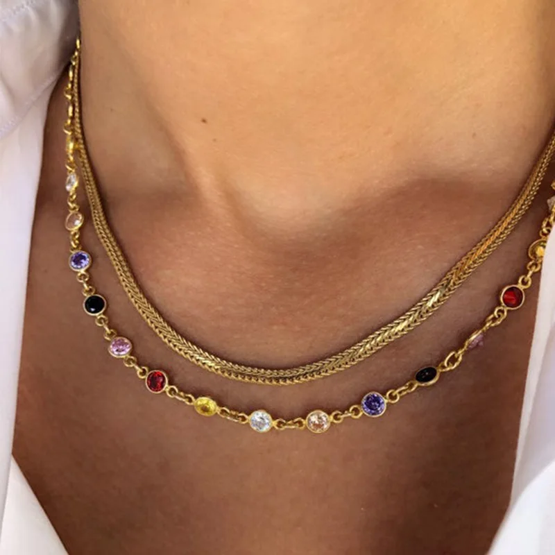Boho Multicolor Crystal Stone Link Chain Naszyjnik dla kobiet Moda Złoty kolor Wielowarstwowe naszyjniki z koralików Biżuteria imprezowa X0121