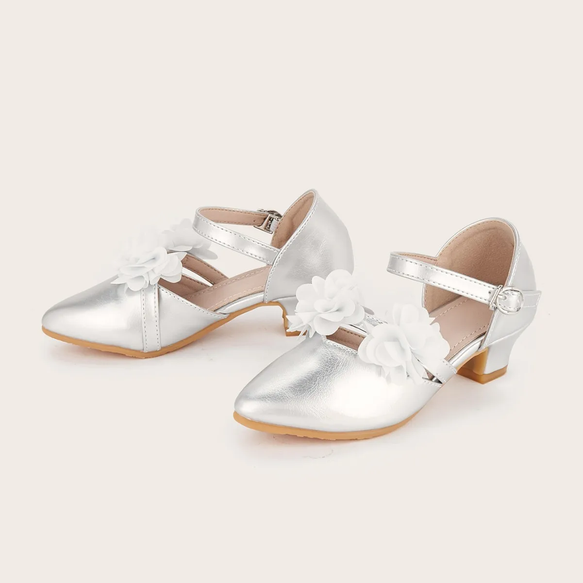 Girls Silver Prom Sandals Kids Princess Flower Peep Toe Heel Sandals Dress Heels Strappy Evening Shoes Graduation Party Pageant