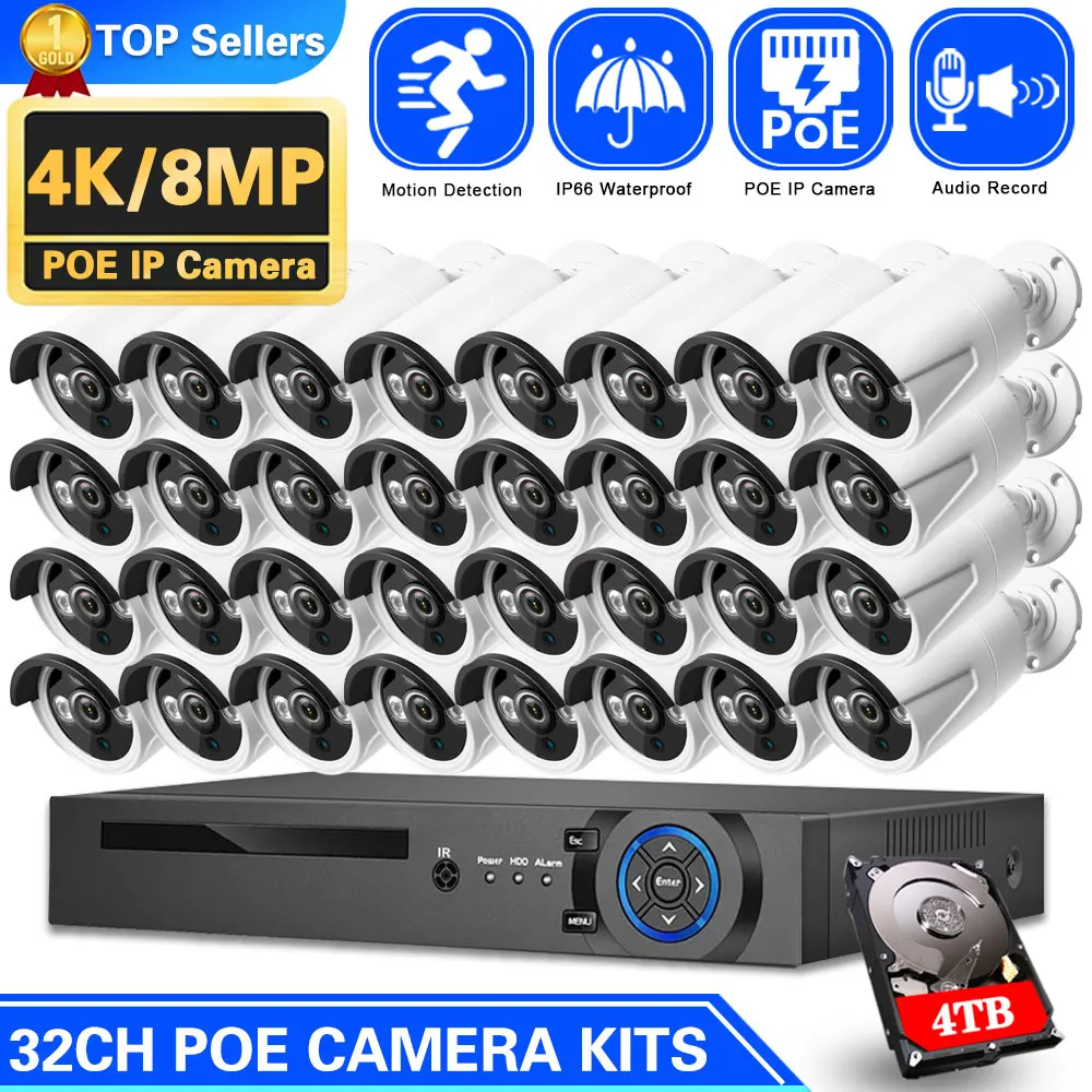 

H.265 32CH 4K Ultra HD NVR kit 8MP POE Security Camera System 4K Audio Record Indoor Outdoor CCTV Video Surveillance Camera Kit