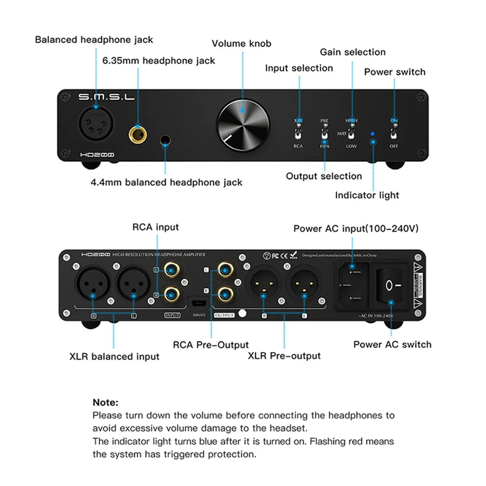 SMSL HO200 HiRes Balanced Headphone Amplifier Amplify DAC AMP Preamplifier Single-ended RCA Pre-out + 6.35mm Headphone Output